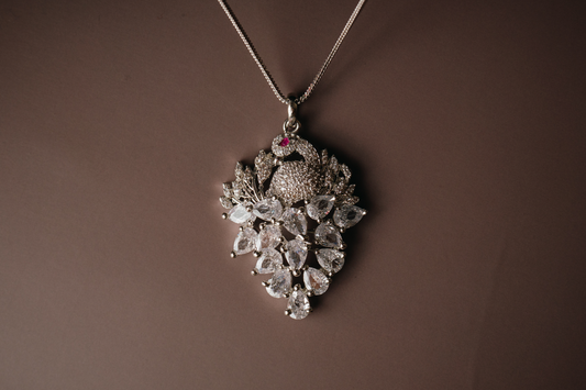 Elegant Silver-Toned Floral Pendant Set with Earrings – American Diamond Leaf Design Jewellery for Women