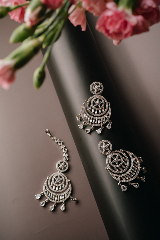 Bridal Silver Plated Chandbali Earrings with Maang Tikka Set – Traditional American Diamond Jewellery