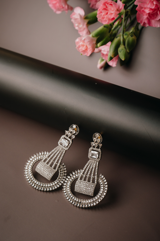Elegant American Diamond Statement Drop Earrings – Silver Plated Designer Party Wear Jewellery