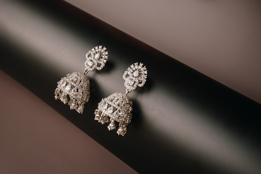 Sparkling American Diamond Jhumka Earrings – Traditional Silver Plated Bridal Jewellery