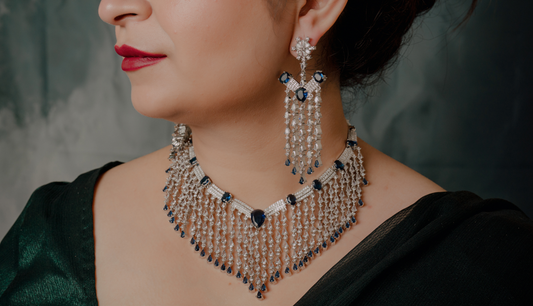 Royal Blue Crystal Fringe Necklace Set – Layered Statement Bridal Jewelry with Long Earrings