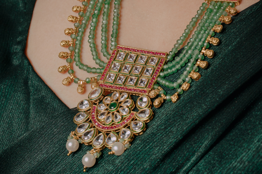 Green Beaded Kundan Necklace Set – Multi-Strand Bridal Jewelry with Pearl Drops & Earrings