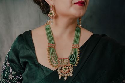 Green Beaded Kundan Necklace Set – Multi-Strand Bridal Jewelry with Pearl Drops & Earrings
