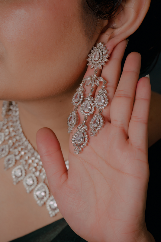 Silver Bridal Necklace Set – Heavy Diamond Look Choker with Statement Earrings
