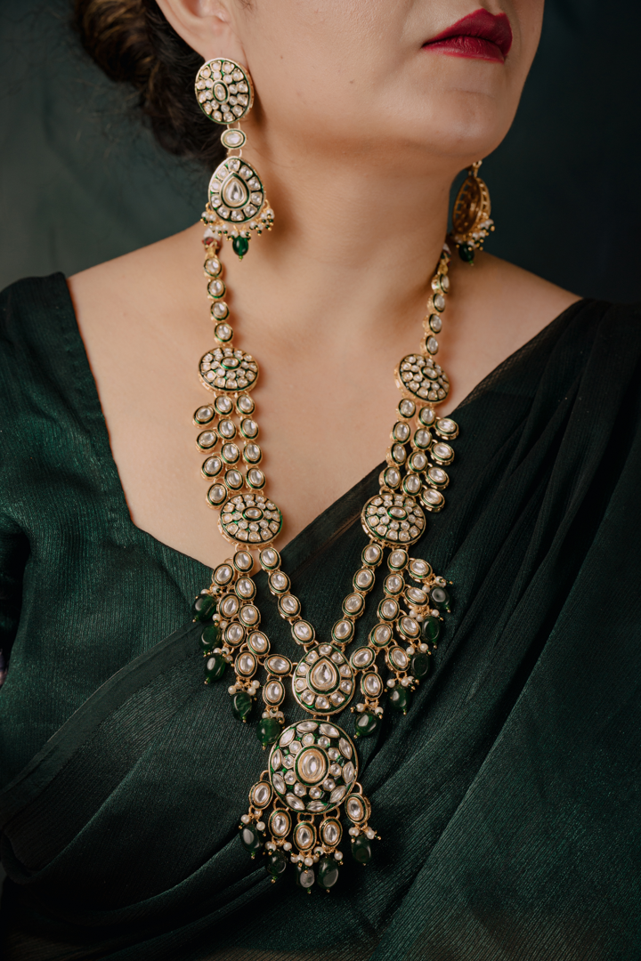 Royal Kundan Long Necklace Set – Layered Polki Bridal Jewelry with Green Beads & Earrings