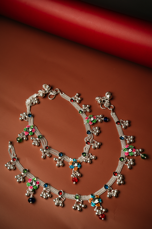 Colourful Beaded Meenakari Payal | Ethnic Silver Plated Anklets for Women | Brass Pajeb