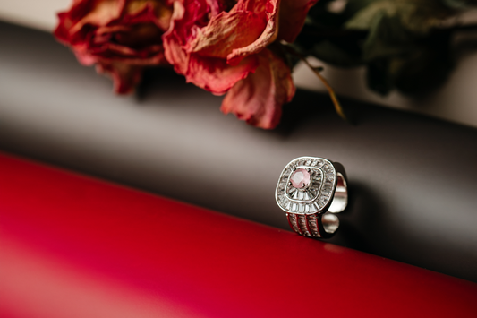Glamorous Pink Stone Cocktail Ring for Women - Adjustable Silver Tone Statement Ring with Clear Accents