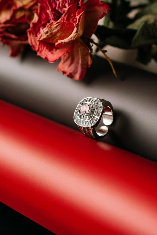 Glamorous Pink Stone Cocktail Ring for Women - Adjustable Silver Tone Statement Ring with Clear Accents