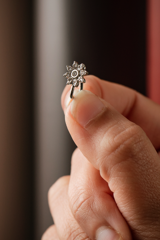 Dainty Sunflower Nose Pin for Women - Sparkly Flower Nose Stud | Sterling Silver/Metal with CZ Stones