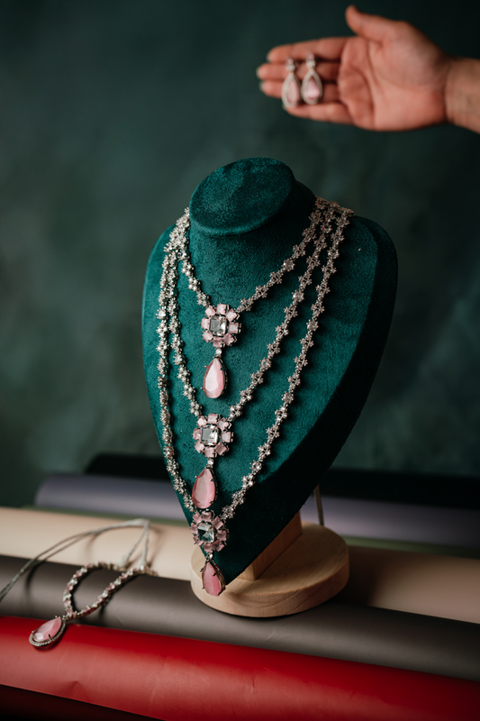 Luxurious Pink Tourmaline & Diamond Necklace Set - Emerald Cut & Pear Drop Jewelry with Matching Earrings