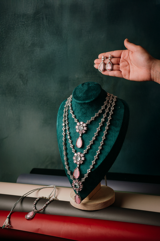 Luxurious Pink Tourmaline & Diamond Necklace Set - Emerald Cut & Pear Drop Jewelry with Matching Earrings