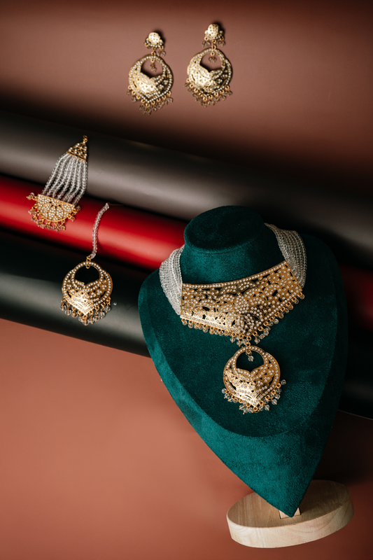 Rajasthani Gold Choker Necklace Set - Bikaner Inspired Pearl & Gold Jewellery