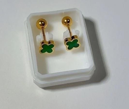 Gold-Plated Green Clover Barbell Stud Earrings – Lucky Charm Minimalist Jewelry
