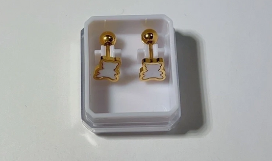 Gold-Plated White Teddy Bear Barbell Stud Earrings – Cute Minimalist Unisex Jewelry