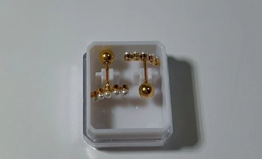 Elegant Gold Barbell Stud Earrings with Triple Pearl Detailing – Minimalist & Chic Jewelry for Women.