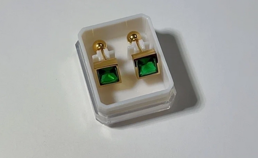 Emerald Green Square Stud Earrings – Unisex Gold Barbell Style Minimalist Jewelry