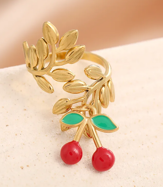 Adjustable Gold Leaf Ring with Cherry Charm – Playful Nature-Inspired Statement Jewelry