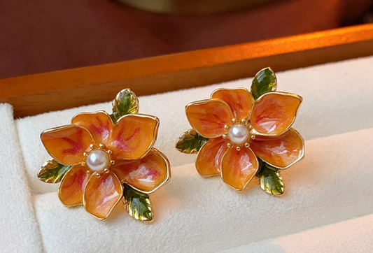 Vintage-Inspired Orange Floral Stud Earrings with Pearl Center – Hand-Painted Enamel Bloom Jewelry.