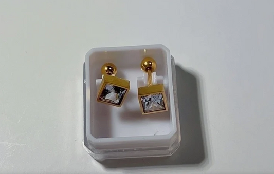 Clear Square Crystal Stud Earrings – Unisex Gold Barbell Design Minimalist Jewelry.